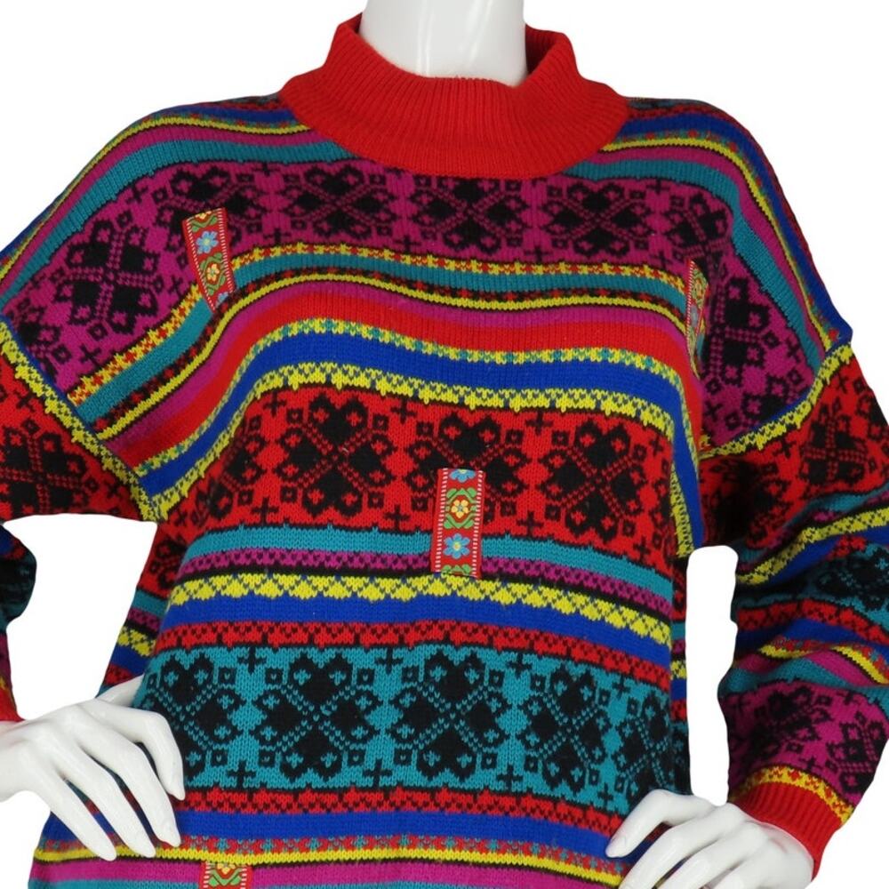 80s Vintage Striped Bright Neon Funky Floral Knit Sweater L